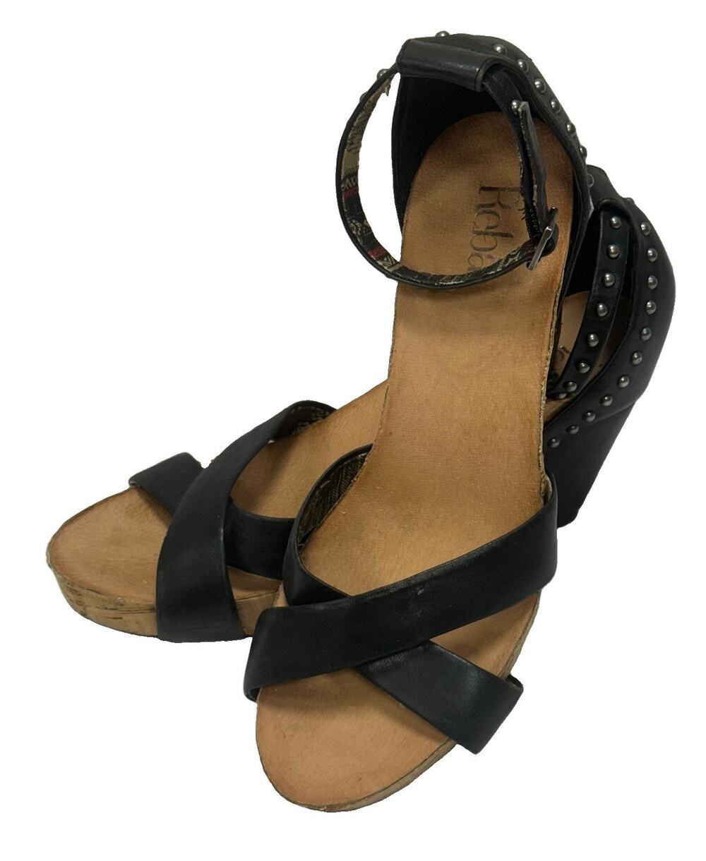 REBA Black Ankle Strap Leather Studded Platform Wedge Sandals 8.5 GOTH Biker